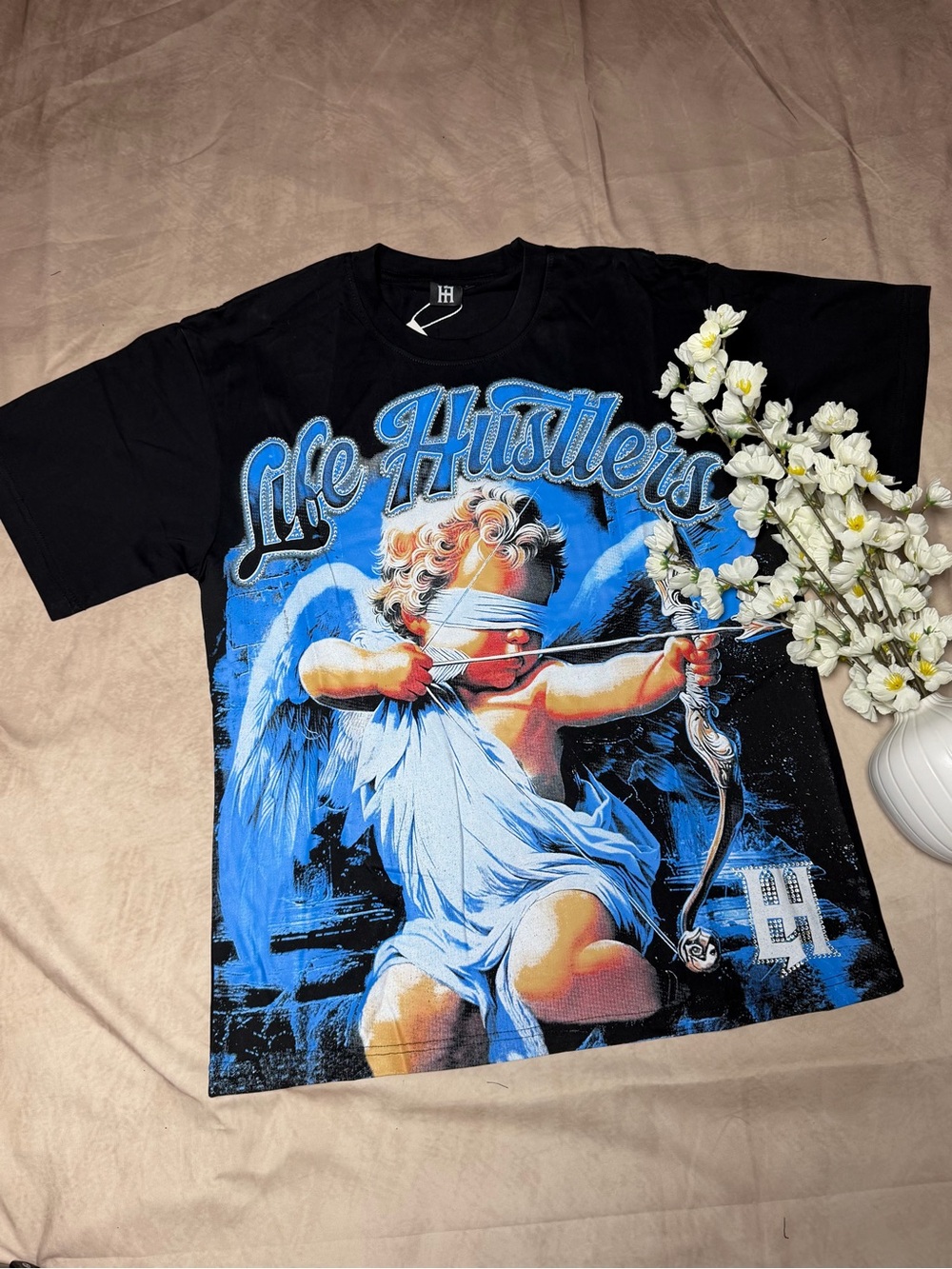 Life Hustlers Black Graphic Tee with Blue Cherub Print